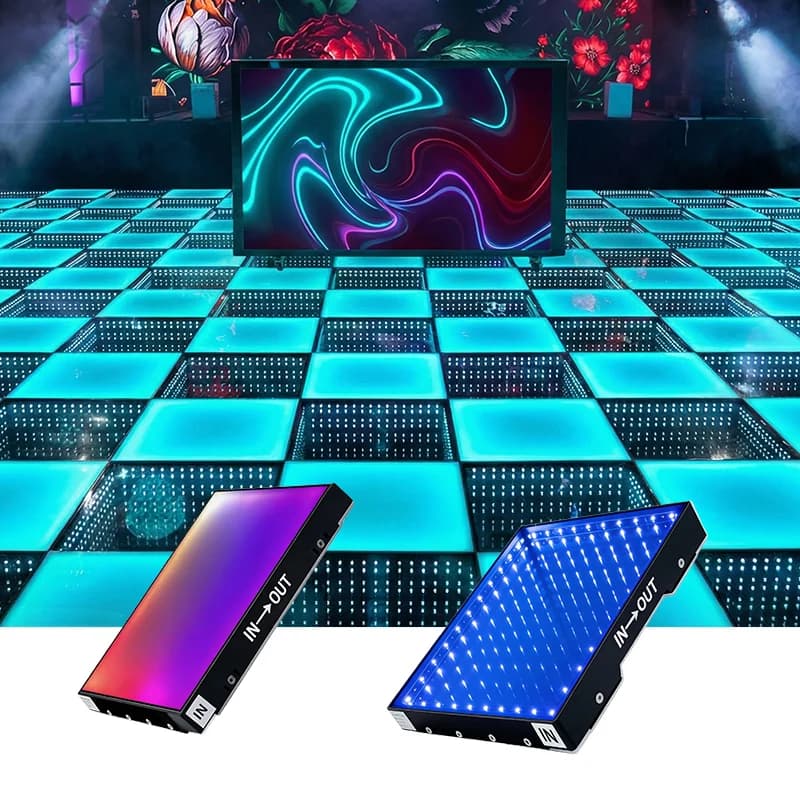 Frosted RGB and infinity mirror dance floor panels with colored lighting