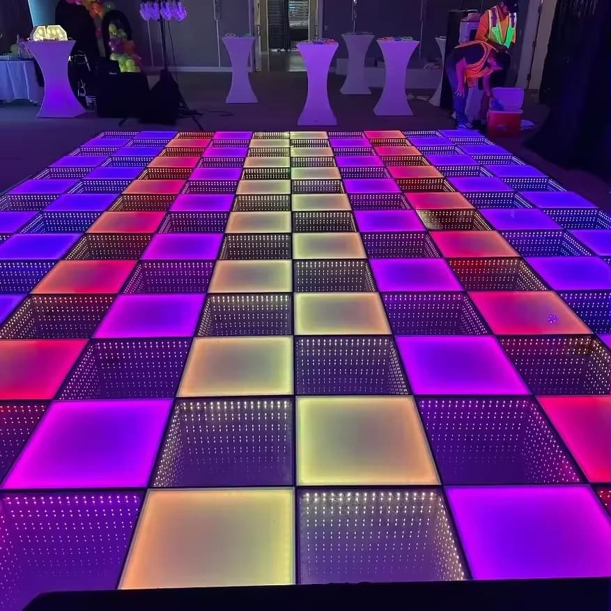 Frosted and mirrored dance floor tiles with mixed RGB lighting effects
