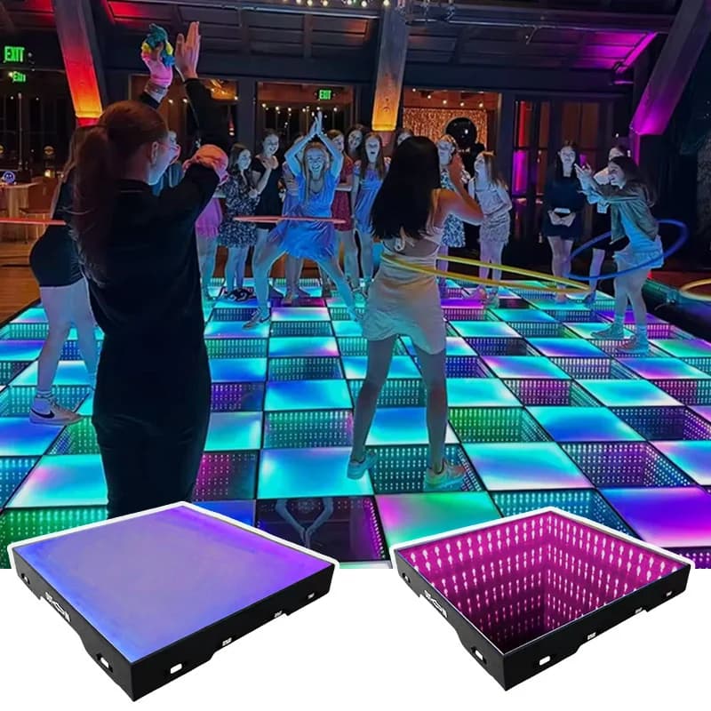 Frosted and mirrored LED floor panels with panel insets beneath a party scene