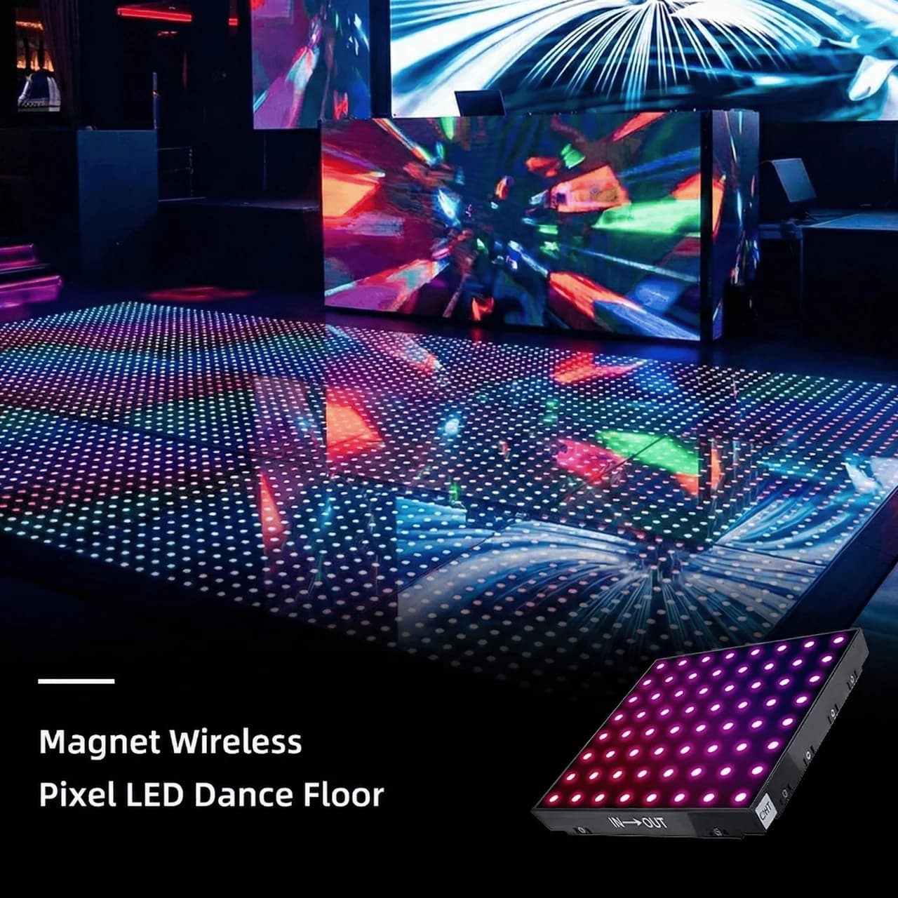 DanceFloorLED Pixel LED dance floor with colorful programmable lighting patterns