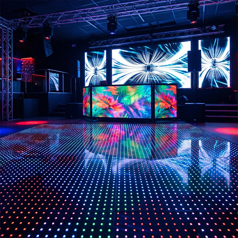 Programmable RGB lighting dance floor with a colorful event pattern